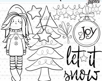 Winter Stamps, Winter Girl Stamps, COMMERCIAL USE, Winter Digital Stamps, Christmas Stamps, Christmas Digital Stamps, Christmas Tree Stamps