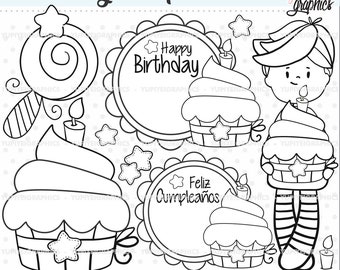 Birthday Stamps, Birthday Cupcake Stamps, Cupcake Stamps, COMMERCIAL USE, Happy Birthday Stamps, Birthday Coloring Pages, Coloring Pages