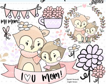 Mothers Day Clipart, Mom Clipart, COMMERCIAL USE, Mother's Day Clipart, Fox Clipart, Mom and Baby, Flowers Clipart, Family Clipart, Clip Art