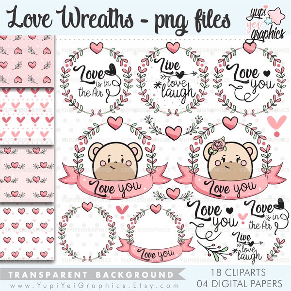 Love Clipart, Bear Clipart, Wreaths Clipart, Wreaths Graphics, Valentine's Day Clipart, Valentines Day Clip Art, Valentine's Day Graphics