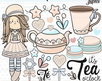 Tea Time Clipart, Tea Clipart, COMMERCIAL USE, Tea Pot Clipart, Tea Graphics, Tea Clip Art, Girl Clipart, Tea Pot Clip Art,  Teacups Clipart