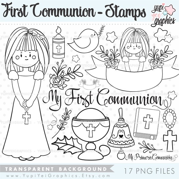 First Communion Stamps, First Communion Girl, COMMERCIAL USE, Girl Stamps, Religious Stamps, Communion Stamps, Coloring Pages, Stamps