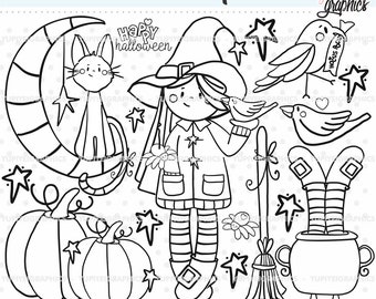 Halloween Digital Stamps, Halloween Digistamps, Witch Stamps, COMMERCIAL USE, Witch Digital Stamps, Halloween Coloring Pages, Halloween