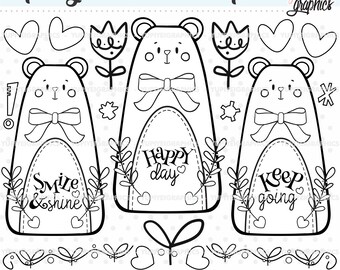 Bear Digital Stamps, Bear Digistamps, COMMERCIAL USE, Spring Digital Stamps, Spring Digistamps, Flowers Digistamps, Digital Stamps, Flowers