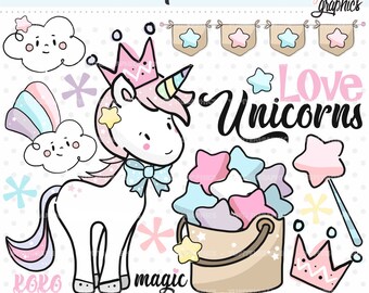 Unicorn Clip Art, Unicorn Graphics, COMMERCIAL USE, Unicorn Clipart, Unicorn Handrawn, Fairy Tale Clipart, Unicorn Stickers, Rainbow Clipart