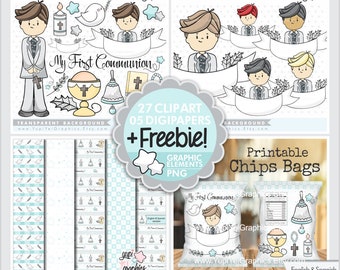 First Communion Clipart, First Communion Boy, First Communion Graphics, COMMERCIAL USE, Boy Clipart, Religious Illustrations, Religion