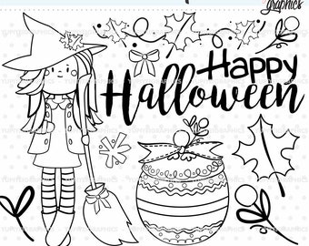 Witch Stamps, Halloween Stamps, Halloween Digital Stamps, COMMERCIAL USE, Witch Digital Stamps, Halloween Coloring Pages, Halloween Clipart