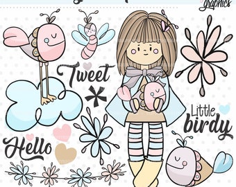 Spring Clipart, Spring Graphics, Bird Clipart, Girl Clipart, COMMERCIAL USE, Little Birdy, Girl Graphics, Handrawn Clipart, Bird Clip Art