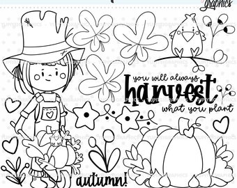 Autumn Stamps, Fall Stamps, COMMERCIAL USE, Harvest Stamps, Autumn Coloring Pages, Pumpkin Stamps, Autumn Digistamps, Crow Stamps, Autumn