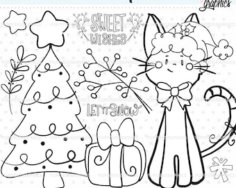 Christmas Stamps, Christmas Digital Stamps, COMMERCIAL USE, Coloring Pages, Cat Stamps, Christmas Cat, Christmas Tree Stamps, Christmas