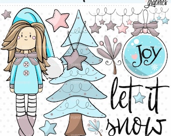 Winter Clipart, Winter Graphics, COMMERCIAL USE, Christmas Clipart, Christmas Graphics, Winter Girl, Christmas Tree, Winter Tree, Christmas