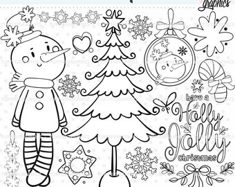 Snowman Stamps, Winter Stamps, COMMERCIAL USE, Snowman Digital Stamps, Christmas Tree Stamps, Snowball Stamps, Christmas Stamps, Digistamps