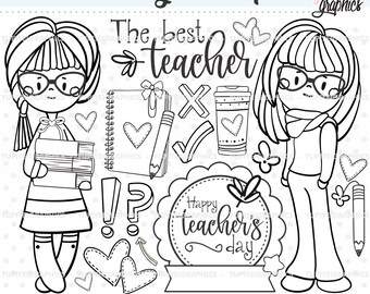 Teacher's Day Stamps, School Stamps, Teachers Day, COMMERCIAL USE, Teacher Stamps, Back to School Stamps, Coloring Pages, Girl Stamps