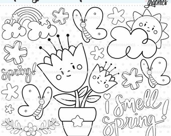 Flower Digital Stamps, Spring Digital Stamps, COMMERCIAL USE, Butterfly Digital Stamps, Rainbow Digital Stamps, Spring Coloring Pages