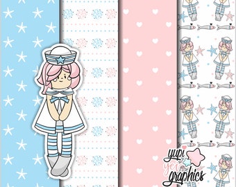 Sailor Digital Paper, Nautical Digital Paper, COMMERCIAL USE, Girl Pattern, Marine Digital Paper, Marine Pattern, Digital Paper, Paper