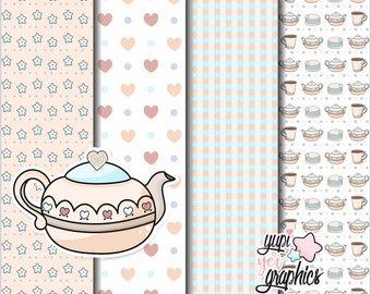 Tea Digital Papers, Tea Pot Digital Papers, COMMERCIAL USE, Tea Patterns, Heart Digital Papers, Heart Patterns, Star Patterns, Papers