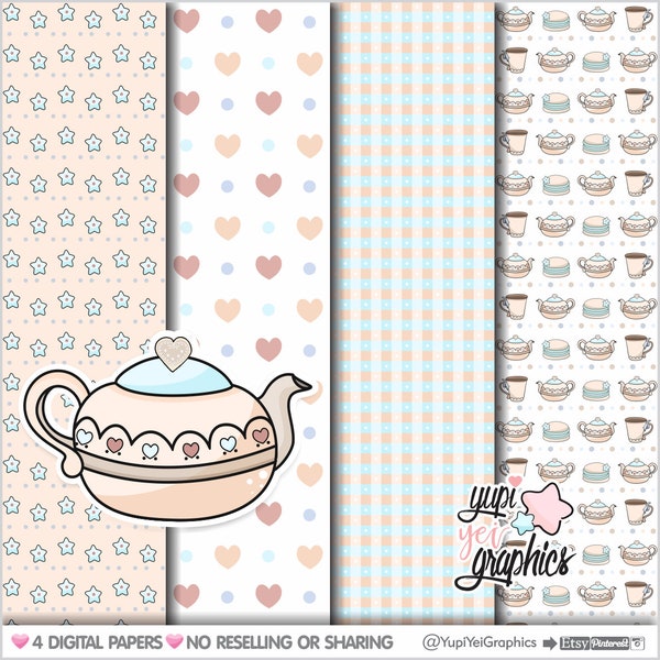 Tea Digital Papers, Tea Pot Digital Papers, COMMERCIAL USE, Tea Patterns, Heart Digital Papers, Heart Patterns, Star Patterns, Papers