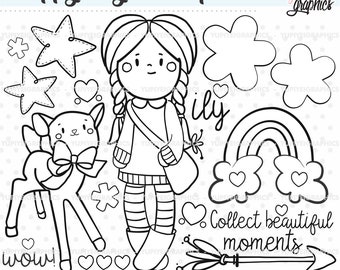 Girl Stamps, Girl DigiStamps, Rainbow Stamps, COMMERCIAL USE, Spring Stamps, Deer Stamps, Venison Stamps, Stars Stamps, Coloring Pages