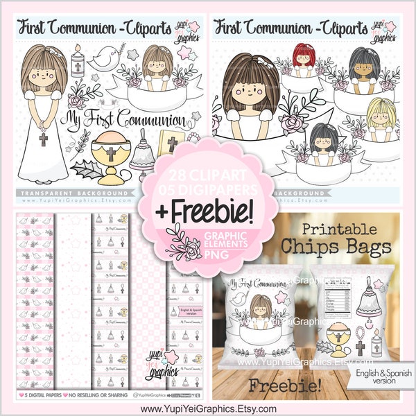 First Communion Clipart, First Communion Girl, First Communion Graphics, COMMERCIAL USE, Girl Clipart, Religious Illustrations, Religion