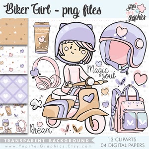 Clipart motociclista, Grafica motociclista, Clipart di viaggio, Grafica di viaggio, Moto, Motocicletta, Clipart ragazza, Clipart scolastica, USO COMMERCIALE, Ragazza
