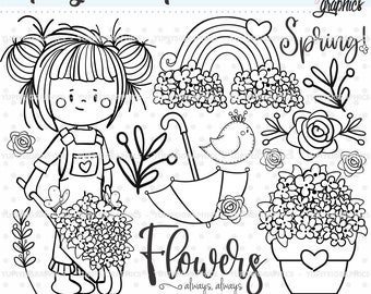 Spring Digital Stamps, Spring Digistamps, COMMERCIAL USE, Spring Girl Stamps, Rainbow Stamps, Spring Coloring Pages, Garden Stamps, Spring