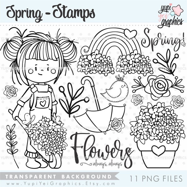 Spring Digital Stamps, Spring Digistamps, COMMERCIAL USE, Spring Girl Stamps, Rainbow Stamps, Spring Coloring Pages, Garden Stamps, Spring