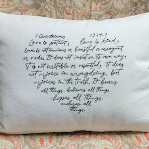 Love is Patient Heart, Inspirational Pillow, Pillow Cover, 1st Corinthians 13 Verse, Embroidered Throw Pillow, Wedding Pillow, Love is Kind