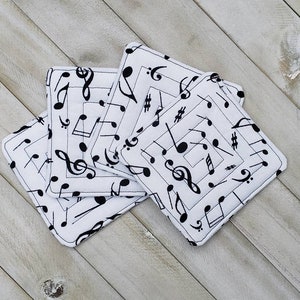 Quilted coaster set of 4 - music theme, coffee mats, hot or cold drinks, great gift, mug rug, treble, bass clef, hand made, musician idea