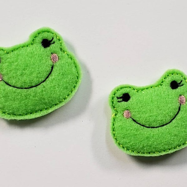 Frog Hair Clippies pair - Felt covered embroidered froggies hair clips, barrettes, bow, for little girls, toddler, children, teens Set of 2