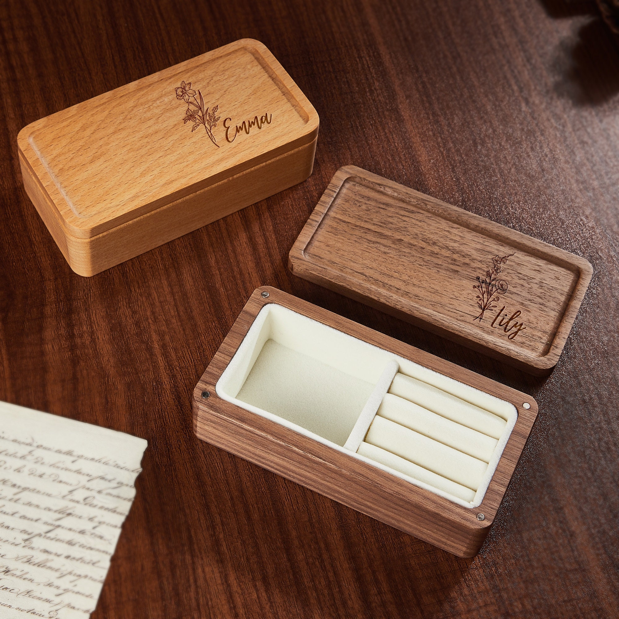 Personalized Wood Jewelry Box Birth Flower Jewelry Box Etsy