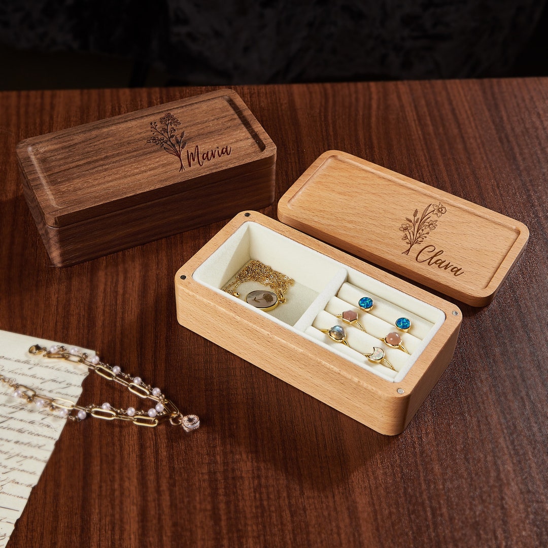 Personalized Wood Jewelry Box Birth Flower Jewelry Box Etsy