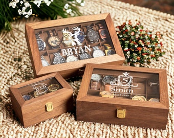 Custom Watch Storage Case, Personalized Walnut Wood Watch Box for Men, Engraved Name Watch Box, Valentine's Day Gift For Boyfriend