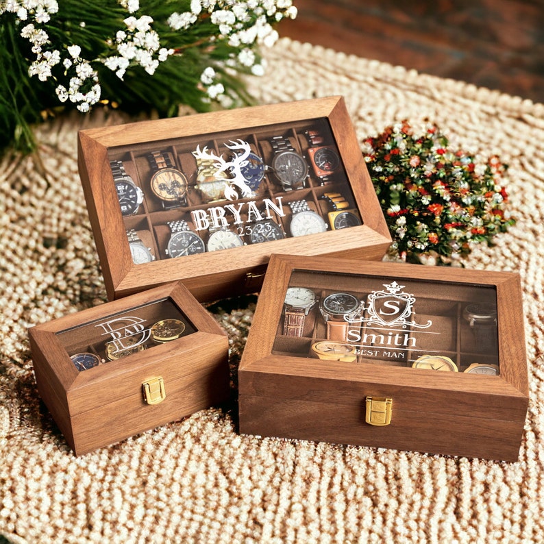 Custom Watch Storage Case, Personalized Walnut Wood Watch Box for Men, Engraved Name Watch Box, Valentine's Day Gift For Boyfriend image 1