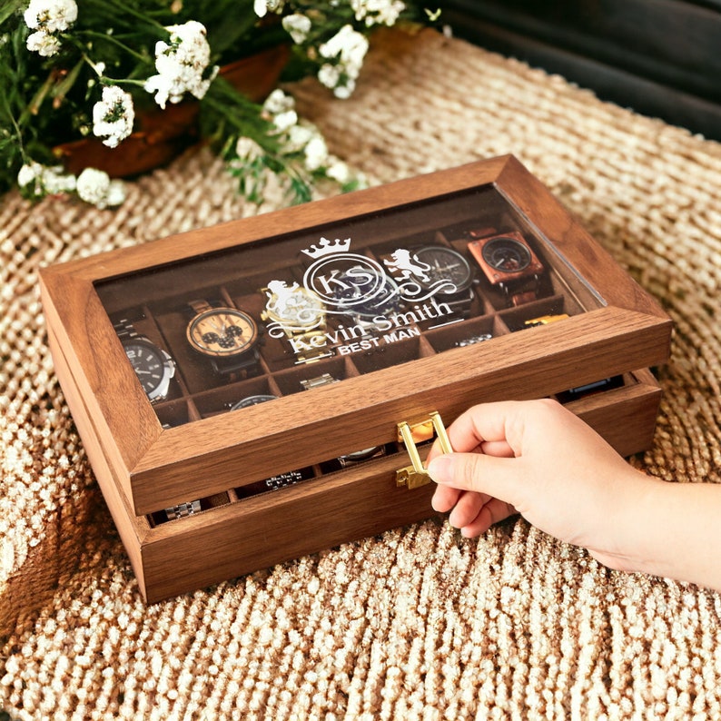 Custom Watch Storage Case, Personalized Walnut Wood Watch Box for Men, Engraved Name Watch Box, Valentine's Day Gift For Boyfriend image 3