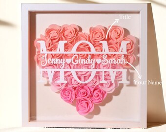 Mom Heart Shaped Flower Shadow Box, Custom Name Flower Shadowbox Frame, Mother's Day Gift for Mom and Grandma, Custom Kids Names