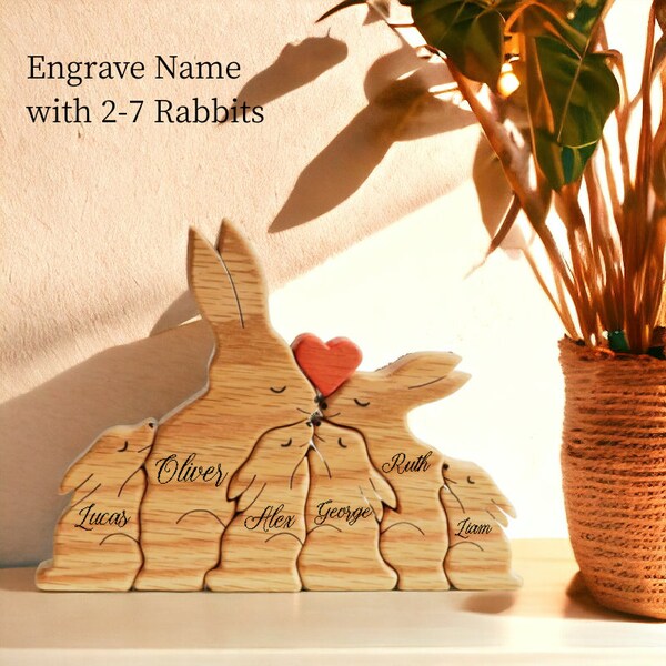 Lapin familial en bois personnalisé, puzzle familial de lapin de Pâques, puzzle de nom, figurines d’animaux jusqu’à 7 personnes, cadeau pour les enfants, cadeau pour les parents
