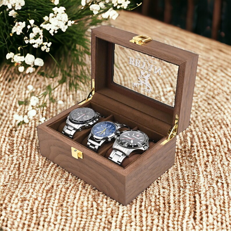 Custom Watch Storage Case, Personalized Walnut Wood Watch Box for Men, Engraved Name Watch Box, Valentine's Day Gift For Boyfriend image 4