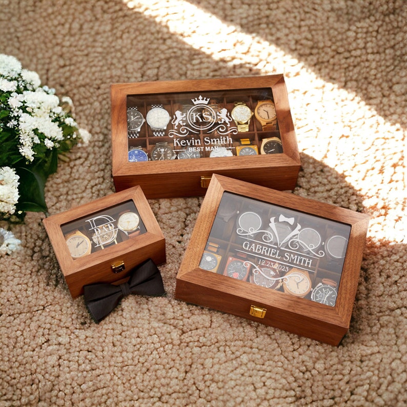 Custom Watch Storage Case, Personalized Walnut Wood Watch Box for Men, Engraved Name Watch Box, Valentine's Day Gift For Boyfriend image 8
