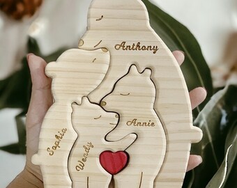 Personalized Wooden Bear Family Puzzle, Engrave Name with Bear Puzzle, Gift to the Family, Anniversary Gift for Wife, Gift for Mother's Day