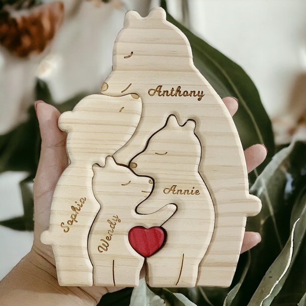 Personalized Wooden Bear Family Puzzle, Engrave Name with Bear Puzzle, Gift to the Family, Anniversary Gift for Wife, Gift for Mother's Day