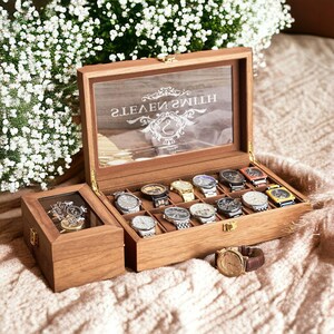 Custom Watch Storage Case, Personalized Walnut Wood Watch Box for Men, Engraved Name Watch Box, Valentine's Day Gift For Boyfriend image 9