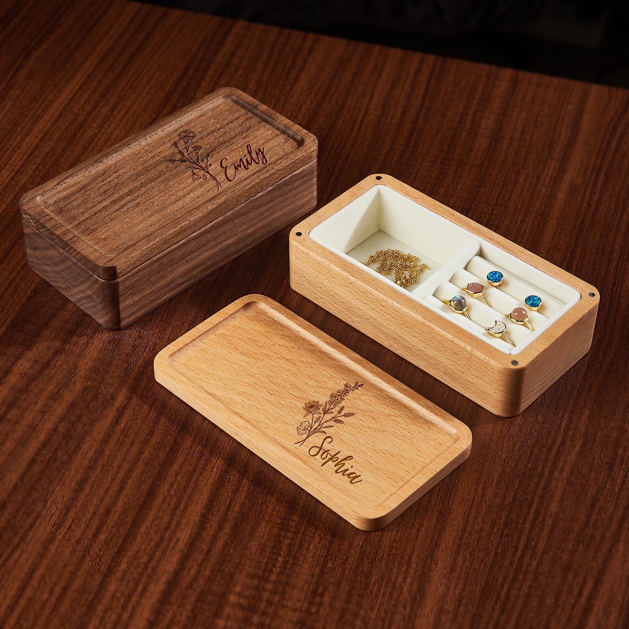 Personalized Wood Jewelry Box Birth Flower Jewelry Box Etsy