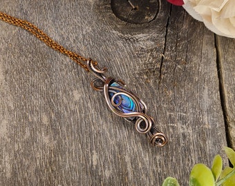 Call of the Sea - Abalone Oxidized Copper Wire Wrapped Necklace - Statement Necklace - Reversable Pendant