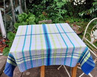 Vintage Seersucker Square Tablecloth, Blue & Lime Check (43x42)