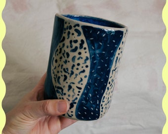 Hand painted Mug with abstract Pattern - Unique Home Decor - Large Ceramic Mug in blue and white - Handmade decor