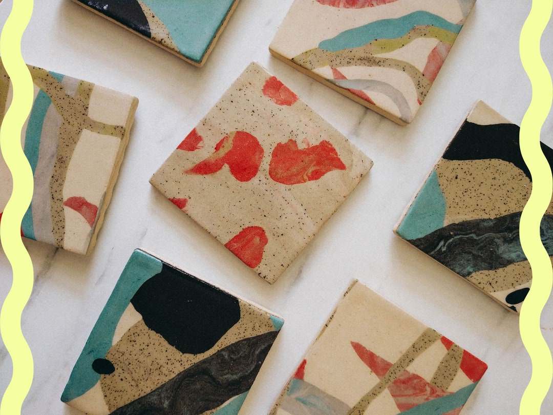 Handmade Ceramic Coasters / Made From Reclaimed Marbled Stoneware