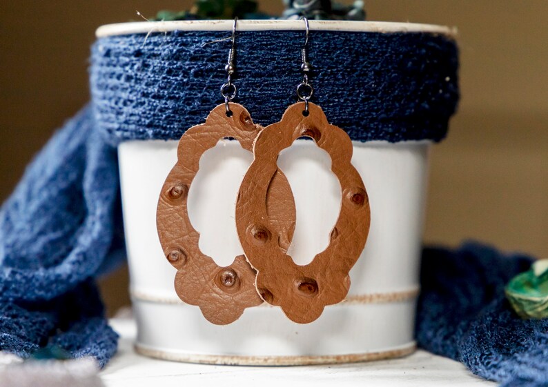 Brown Ostrich Embossed Genuine Leather Madeline Dangle Earrings