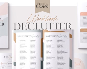 May include: A workbook titled "The Ultimate Declutter Workbook" with a pink, gray, and brown abstract design. The workbook includes checklists, tips, and a flow chart for decluttering.