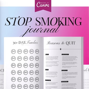 May include: A journal with a pink and blue gradient cover titled "STOP SMOKING journal". The journal includes pages for tracking progress, listing reasons to quit, and creating a plan for quitting smoking.