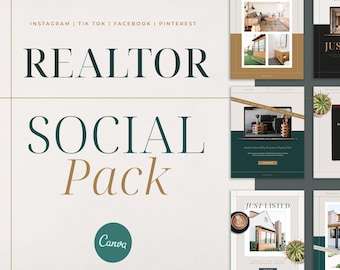 May include: A collection of social media templates for realtors. The design features a neutral color palette with accents of gold and dark green. Text includes "Realtor Social Pack", "Just Listed", and "Just Sold". The Canva logo is also visible.